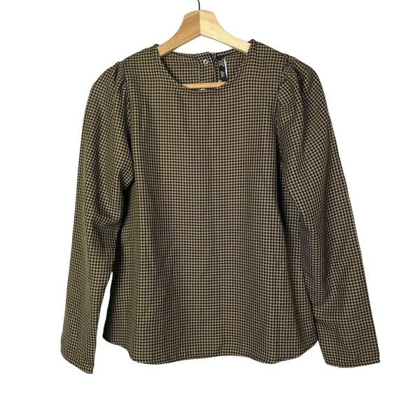 MNG Mango Brown & Black Houndstooth Long Sleeve Blouse 2 - Picture 1 of 4